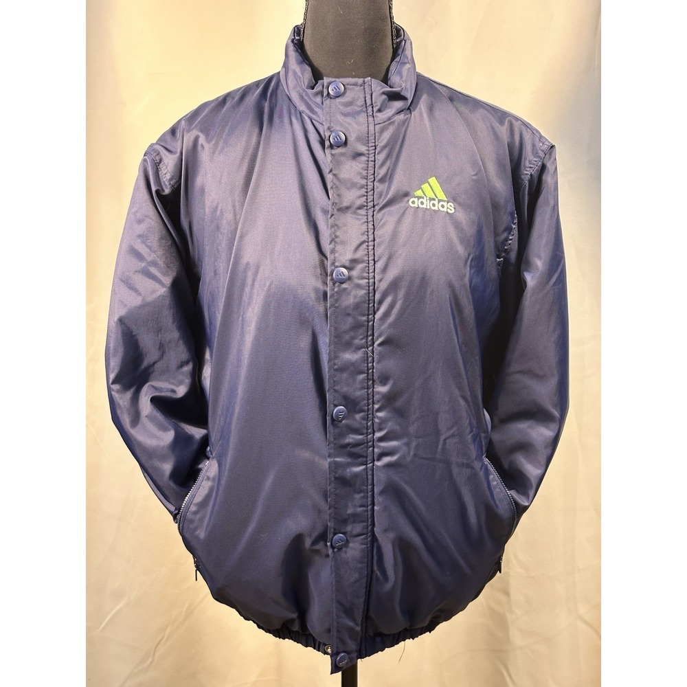 90's Adidas Puffer Striped Jacket Large Embroidered Logo Green White Blue Large - Picture 2 of 7